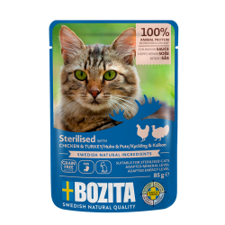 BOZITA STERILISED KAWAŁKI W SOSIE Z KURCZAKIEM & INDYKIEM SASZETKA 85g